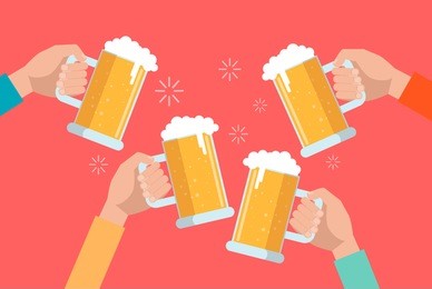 clinking hands with beer and foam on bright background.