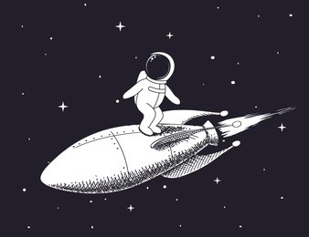cute spaceman flies on rocket in outer space. childish vector illustration. prints design