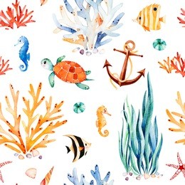 underwater multicolored seamless pattern.seaworld watercolor background with cute turtle,seahorse,coral reef,seaweed,anchor.perfect for invitations,party decorations,printable,craft project,wallpaper.