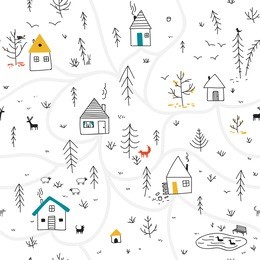 vector seamless pattern with houses and wild forest life, deers, fox, rabbit, bird and wolf, lake with ducks. can be printed and used as wrapping paper, wallpaper, textile, fabric, etc. 
