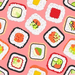 seamless pattern of cute colored sushi rolls. collection of different flavours and kinds