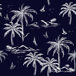 beautiful seamless island pattern on navy blue background. landscape with palm trees,beach and ocean vector hand drawn style.