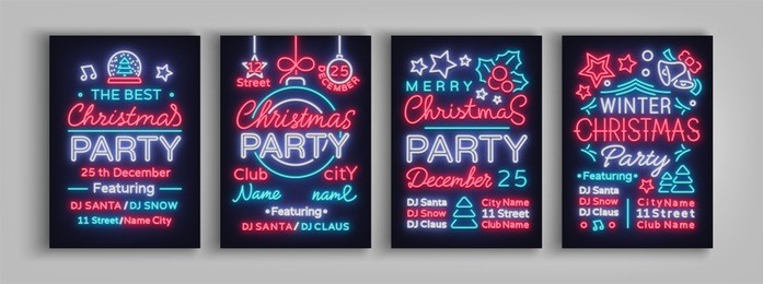 christmas party collection of invitation templates, brochures, posters. merry christmas, set of holiday cards in neon style. postcard, flyer bright sacred banner advertising for your holiday projects.