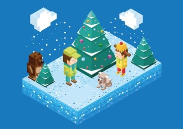winter, isometry, children, fir tree, forest