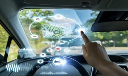 cockpit of autonomous car. driverless car. self-driving vehicle. head up display.