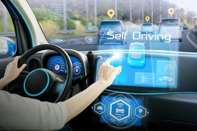 cockpit of autonomous car. driverless car. self-driving vehicle. head up display.