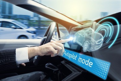 cockpit of autonomous car. driverless car. self-driving vehicle. head up display.