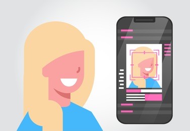 smart phone security system scanning female user biometric identification concept face recognition technology vector illustration