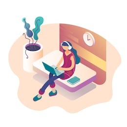 a girl sitting on the sofa works on the laptop and listens to music. vector isometric illustration