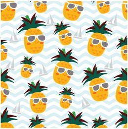 seamless cute adorable pattern pine apple fruit and boat in the ocean wave flat icon, for summer background illustration cartoon