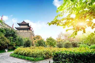 ancient city walls in xi'an, china, landscape at dusk.