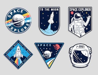 set of space and astronaut , patches, emblems, badges and labels.