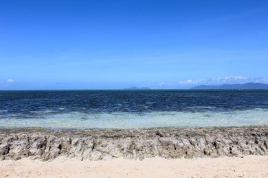 white sand beach and coral on the shore of ocean with crystal blue water on tropical green island, cairns, queensland, australia