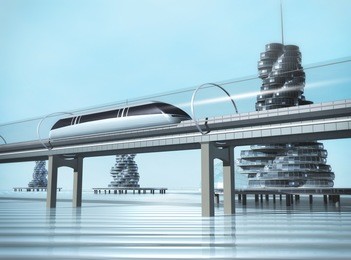the train moving on the overpass and the city on the water. concept of modern transport. futuristic landscape. 3d rendering image
