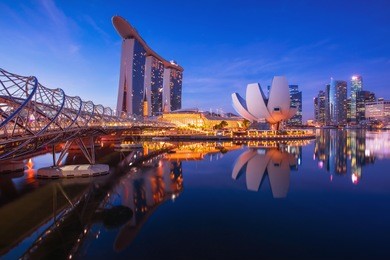 singapore cityscape at dusk. landscape of singapore business building around marina bay with shadow reflection. modern high building in business district area at twilight.