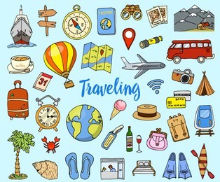 travel set, adventure or business trip. elements doodle hand drawn, engraved vector. planning summer vacation. journey objects and passenger luggage. sketches collection. map and plane and mountains.