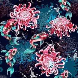 seamless pattern with fish and chrysanthemums. colorfull illustration of the underwater world for printing on fabric.