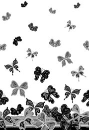 vector vertical seamless pattern with hand drawing detailed colorful butterflies. black gray on white background.