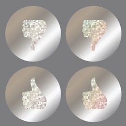 set labels with iridescent and diamond holograms on metallic foil. like and dislike icon with holographic effect. vector illustration.