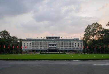 ho chi minh city, vietnam - nov 03: beautiful landscape of independence palace, green grass, ancient architecture, historic building, nguyen van thieu is the last president of feudalism, vietnam