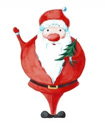 cartoon santa claus with a tree in the hands.  painted watercolor isolated on white background. postcard for christmas and new year.