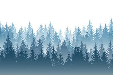 vector misty forest landscape with detailed blue silhouettes of coniferous trees - seamless pattern