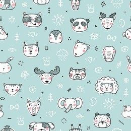 cute animal faces seamless pattern. hand drawn doodle cartoon animals and birds. vector background for kids