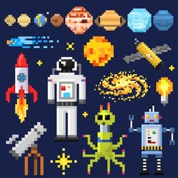 set of space stars, alien spaceman, robot rocket and satellite cubes solar system planets pixel art, digital vintage game style. mercury, venus, earth, mars, jupiter, saturn. icons composition.