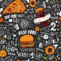 fast food seamless pattern in hand drawn doodle style with sketh objects on junk kitchen theme with lettering. chalkboard design. vector illustration.
