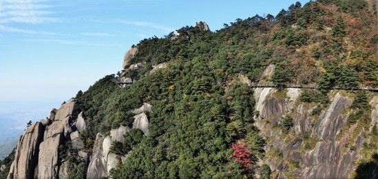 
a sideway high in mount jiuhua, nine glorious mountains, one of the four sacred mountains of chinese buddhism located in qingyang county in anhui province in china.  
