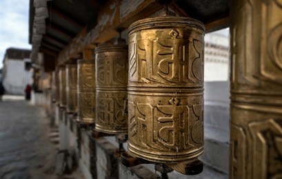 tibetan prayer wheels in tibet, china