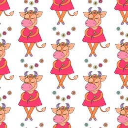beautiful seamless pattern of cute colorful cartoon cow with flowers. lovely illustration of animals on white background.