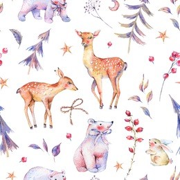 winter watercolor vintage seamless pattern with cute polar bears, deer, fawn, hare and magical forest on white background, christmas decoration, cartoon holiday illustration