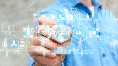 businessman on blurred background using digital medical interface with a pen 3d rendering