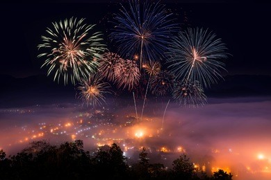 top view point of mae hong sorn thailand in the morning and evening, wat pra trad doi kong moo landmark location, fire work of celebration.
