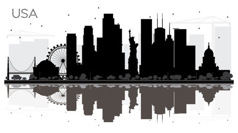 usa city skyline black and white silhouette with reflections. simple flat concept for tourism presentation, banner, placard or web site. business travel concept. cityscape with landmarks.