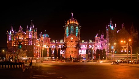 unesco world heritage site chatrapati shivaji maharaj terminus (formerly victoria terminus), mumbai illuminated beautifully at night on special occasions, festivals and public holidays