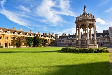the inner courtyard of trinity college in cambridge, uk.