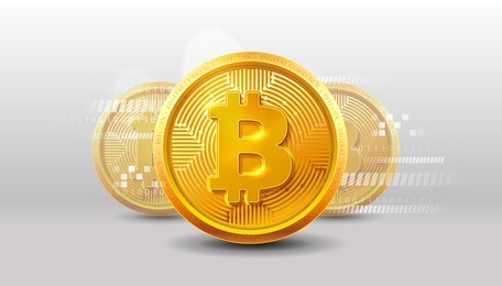 bitcoins money virtual currency concept background. golden bitcoin coin blockchain technology for crypto currency. digital money currency. vector stock illustration. eps 10