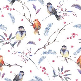 watercolor seamless pattern with branches, leaves, birds on white background, natural winter decoration, spring illustration