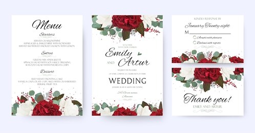 wedding invite, invitation, save the date card with vector floral bouquet frame design: garden red, burgundy rose flower, white peony, seeded eucalyptus branches, amaranthus & silver green fern leaves