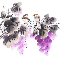 chinese traditional ink painting, grapes and birds on white background.