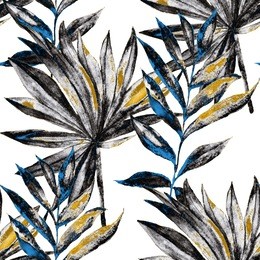 watercolor seamless pattern with tropical leaves: palms, monstera, passion fruit. beautiful allover print with hand drawn exotic plants. swimwear botanical design.

