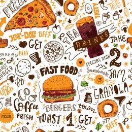 fast food seamless pattern in hand drawn doodle style with sketh objects on junk kitchen theme with lettering. vector illustration.