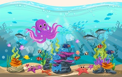 marine habitats and the beauty of coral reefs. there are anemones, fish and octopus funny.