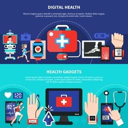 digital health gadgets devices apps 2 horizontal flat banners set with first aid symbol isolated vector illustration 
