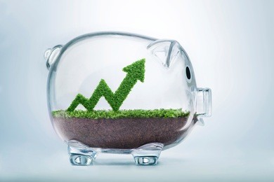 grass growing in the shape of an arrow graph, inside a transparent piggy bank, symbolising the care, dedication and investment needed for progress, success and profit in business.