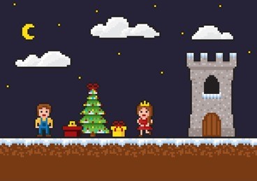 pixel art 8-bit game scene. new year background with a christmas tree, gifts, a princess,