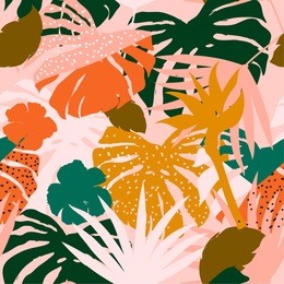 vector seamless beautiful artistic colorful silhouette tropical pattern with exotic forest. multicolor leaves original stylish floral background print, bright flower on pink