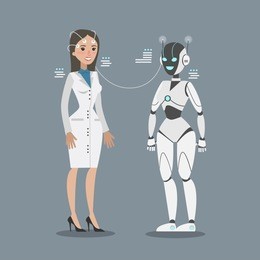 robot connecting with woman scientist. concept of development.